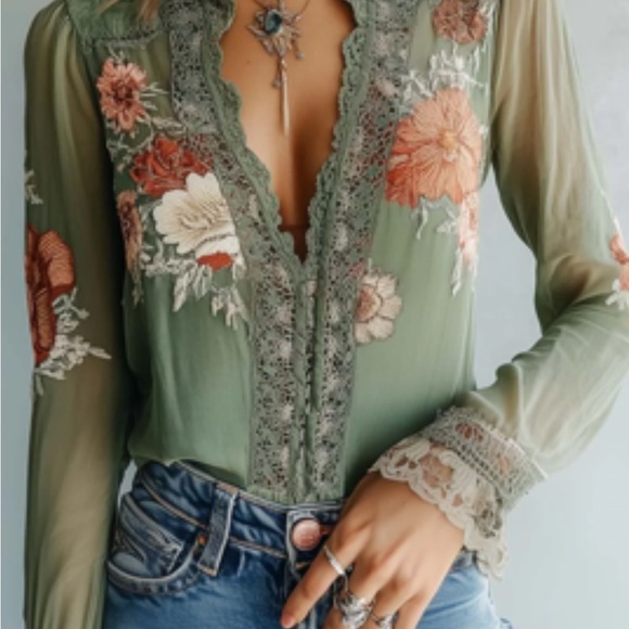 Tops - Floral Embroidered Sheer Blouse - Green